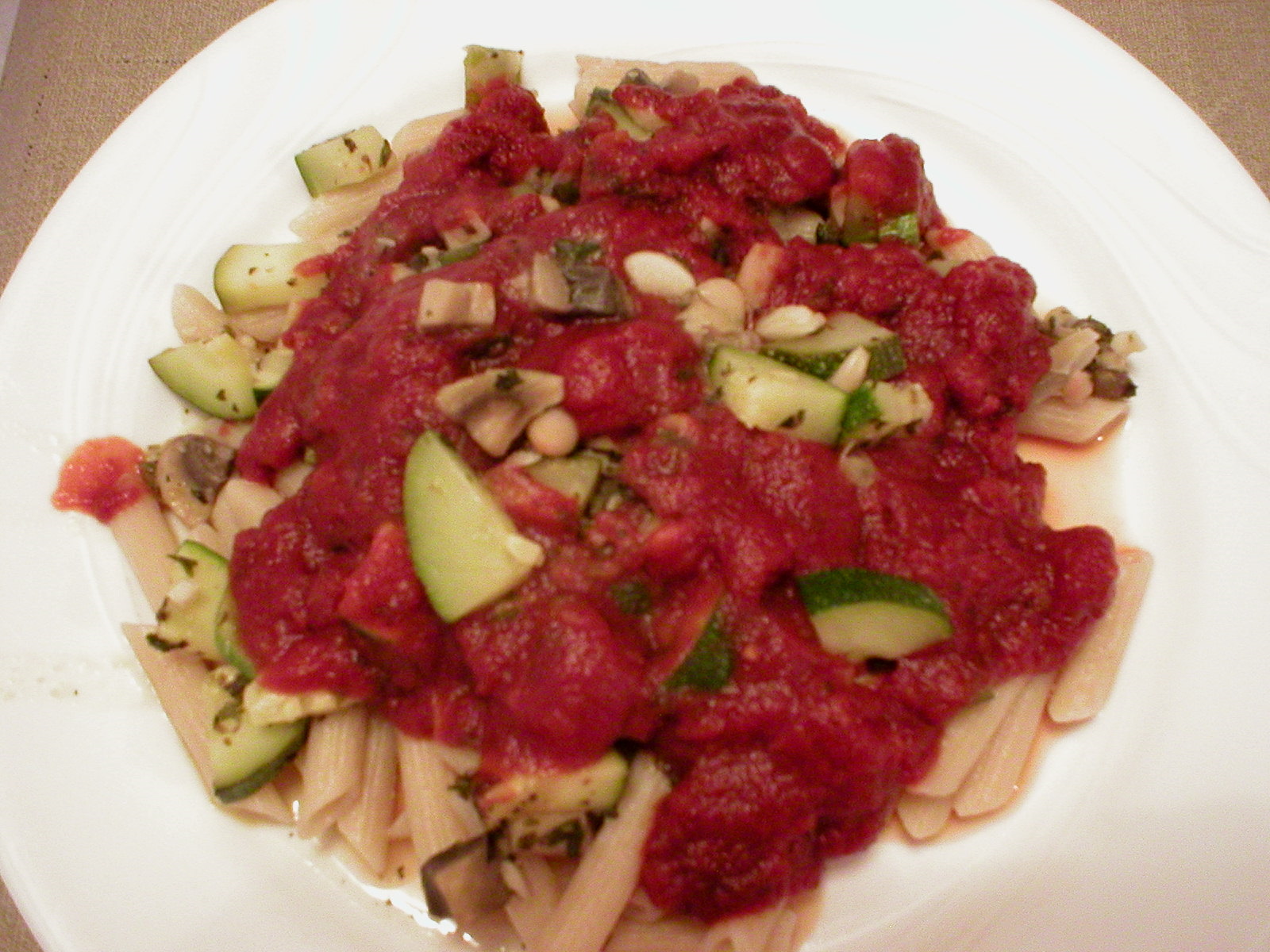 Pasta with Zucchini, Mushrooms and Tomato Sauce